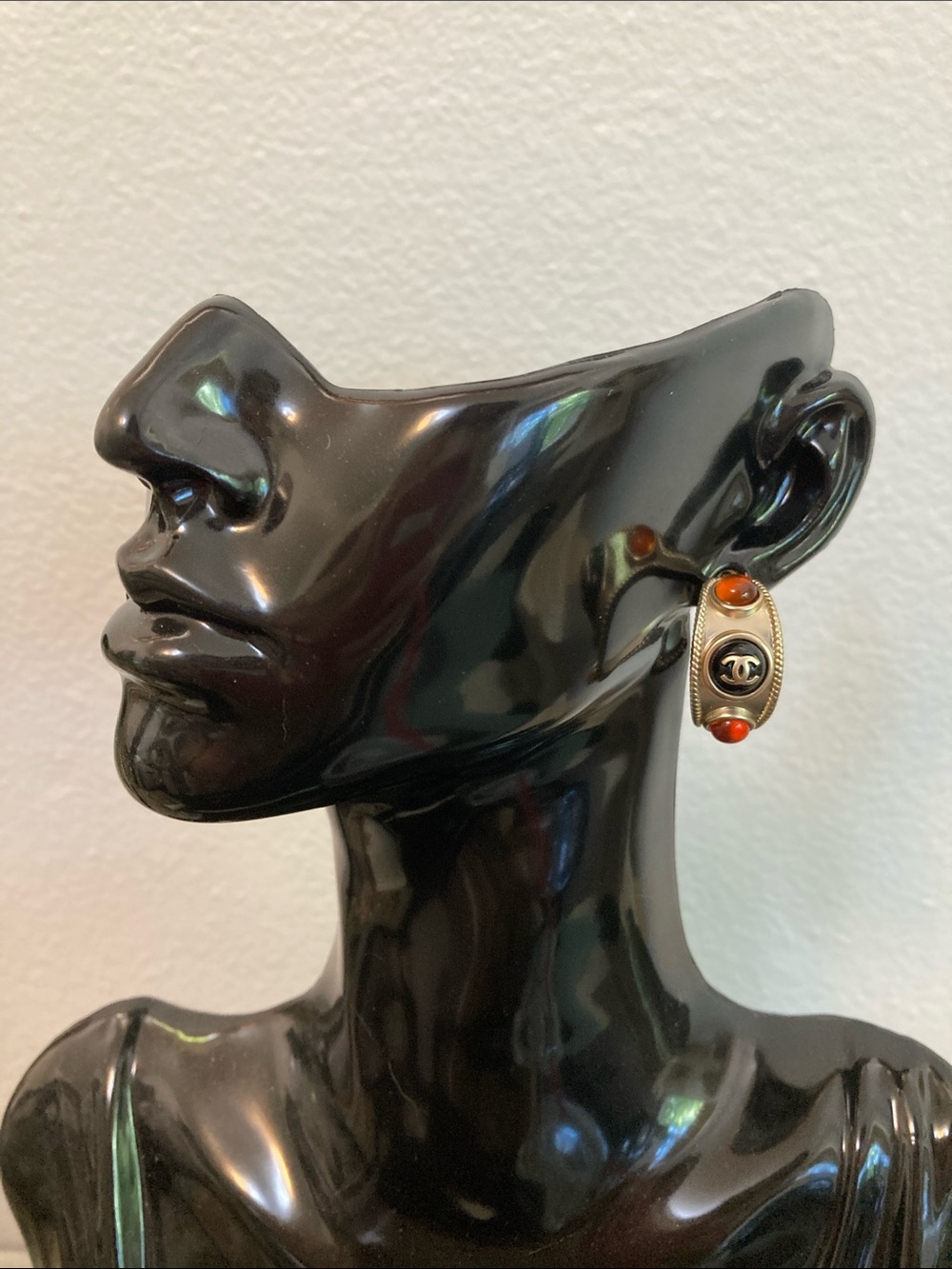 CHANEL Gold-Tone Oval Drop Earrings with Orange Cabochons